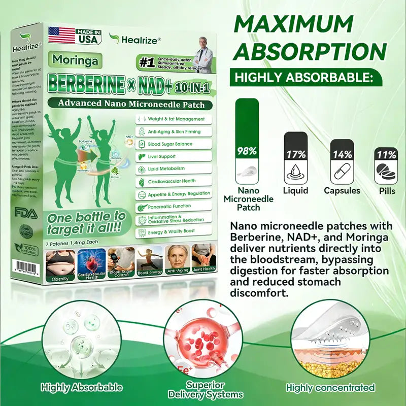 🇺🇸 𝐎𝐟𝐟𝐢𝐜𝐢𝐚𝐥 𝐔𝐒 𝐒𝐭𝐨𝐫𝐞 | 🧑‍⚕️🩺 𝐇𝐞𝐚𝐥𝐫𝐢𝐳𝐞® Moringa · Berberin × NAD+ 𝟏𝟎-𝐢𝐧-𝟏 𝐀𝐝𝐯𝐚𝐧𝐜𝐞𝐝 𝐍𝐚𝐧𝐨 𝐌𝐢𝐜𝐫𝐨𝐧𝐞𝐞𝐝𝐥𝐞 𝐏𝐚𝐭𝐜𝐡 — 𝐎𝐧𝐜𝐞 𝐃𝐚𝐢𝐥𝐲, Visible Results in 7 Days 
